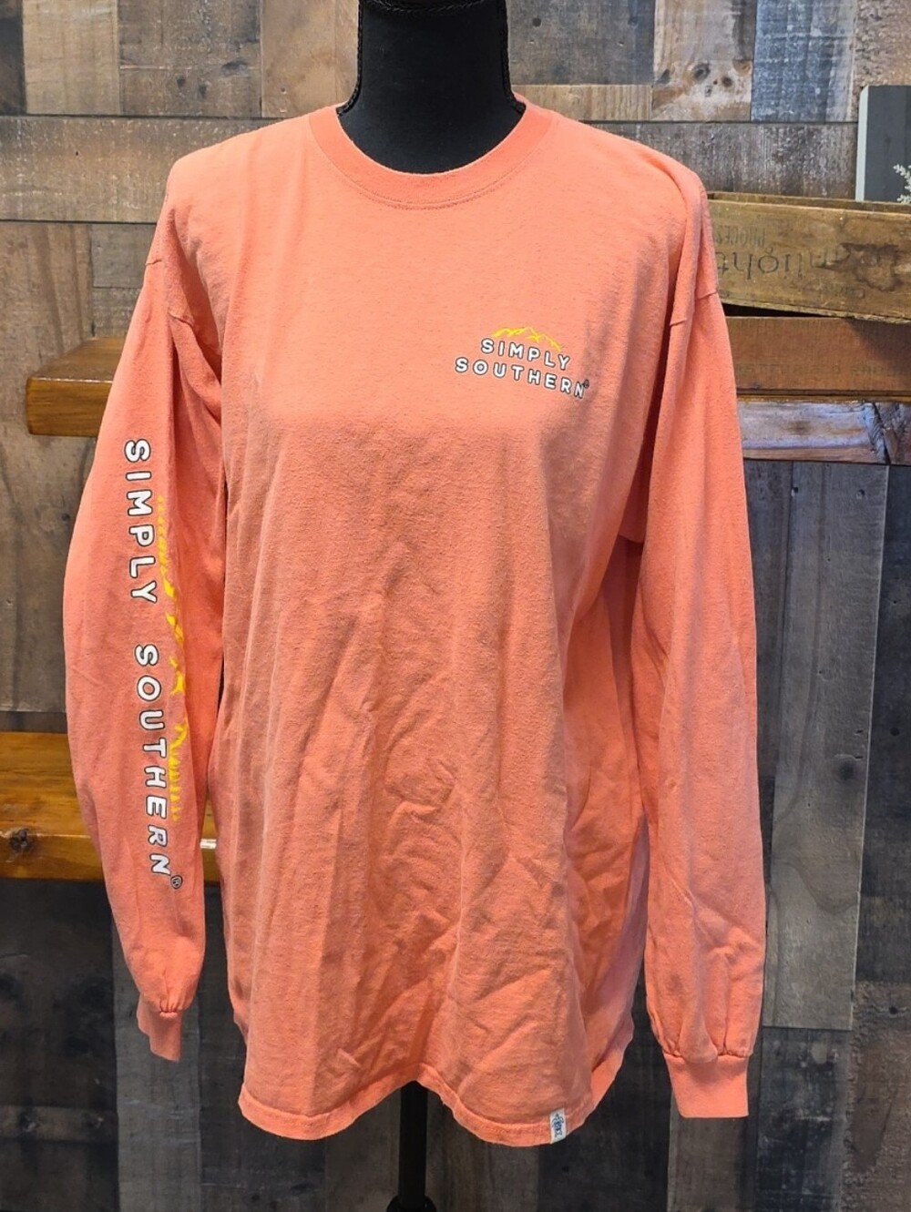 Simply Southern Coral Long Sleeve Tee with Sleeve Logo, Womans Size Large